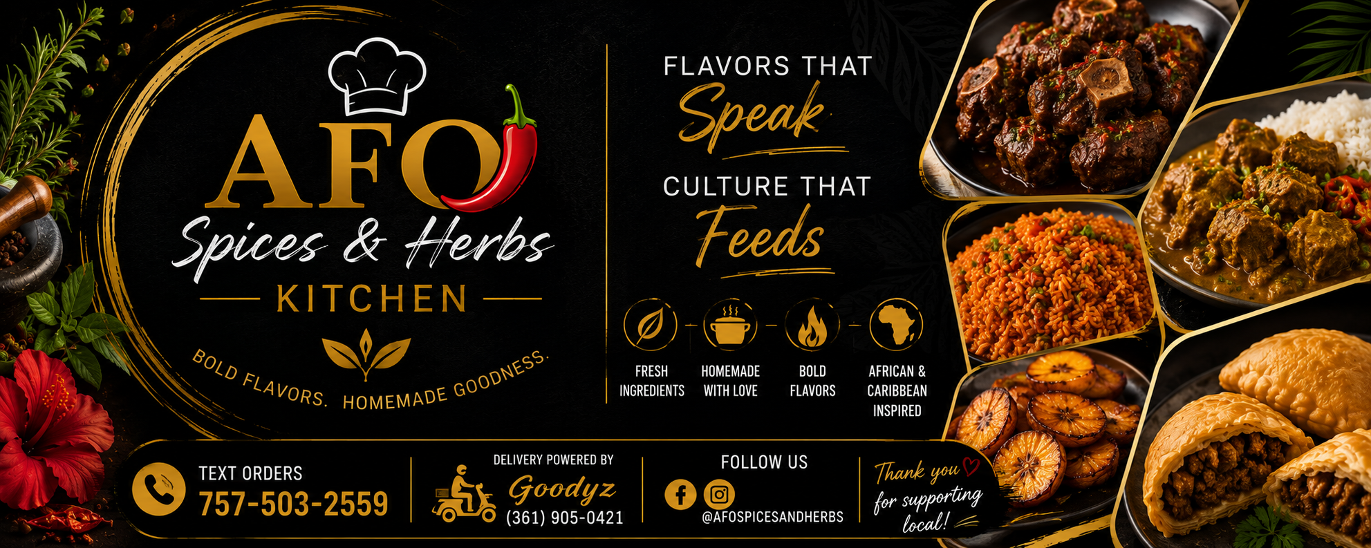 AFO Spices and Herbs Kitchen banner with featured food and contact details